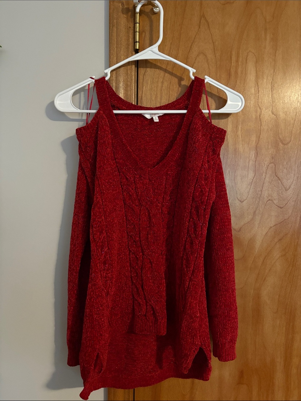 Candie's Red Cold-Shoulder Cable Knit Sweater